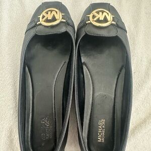 MICHAEL Michael Kors Black Leather Ballet Flats with Gold MK Logo